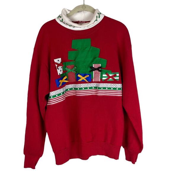 Vintage Christmas turtleneck sweatshirt Christmas tree gift ribbon design - Picture 1 of 8